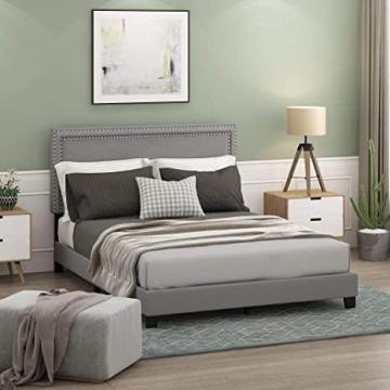 Furinno Laval Double Row Nail Head Upholstered Platform Bed Frame, Full, Glacier