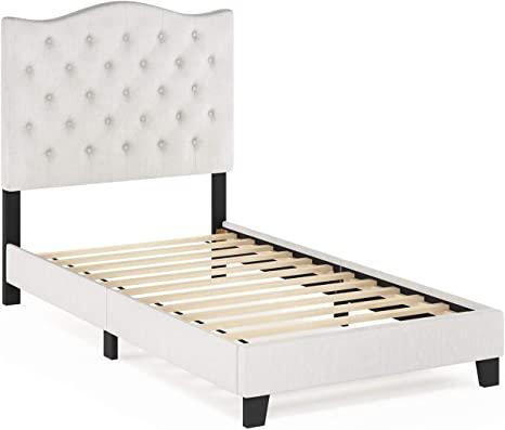Furinno Lille Button Tufted Bed Frame, Twin, Beige