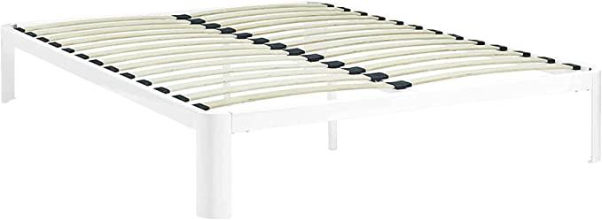 Modway Corinne Steel Modern Mattress Foundation Queen Bed Frame with Wood Slat Support in White