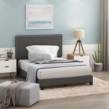 Furinno Laval Double Row Nail Head Upholstered Platform Bed Frame, Full, Stone