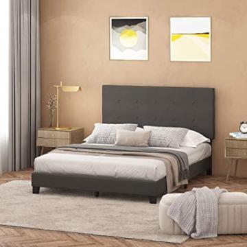 Furinno Laval Button Tufted Upholstered Platform Bed Frame, Queen, Stone