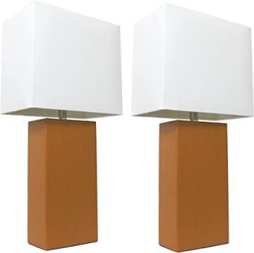 Elegant Designs 2 Pack Modern Leather Table Lamps with White Fabric Shades, 3.9", Tan