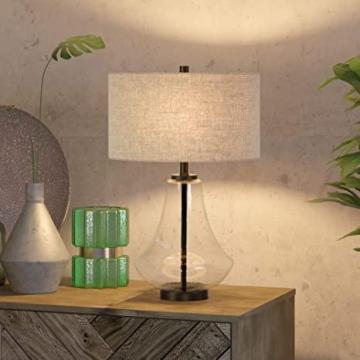 Henn&hart Lagos 23" Tall Table Lamp with Fabric Shade in Seeded Glass/Antique Bronze/Flax