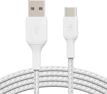 Belkin Braided USB-C Cable (Boost Charge USB-C to USB Cable), 6.5ft/2m, White, 6.6FT