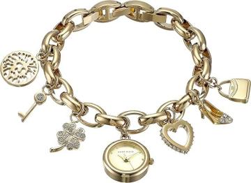 Anne Klein Women's Premium Crystal Accented Gold-Tone Charm Bracelet Watch