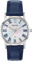 Bulova Classic Quartz Ladies Watch, Stainless Steel with Blue Leather Strap, Silver-Tone