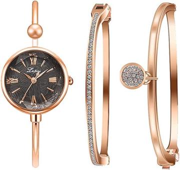 Clastyle Rose Gold Rhinestone Wrist Watch with Bangles Mother of Pearl Ladies Bracelet Watches