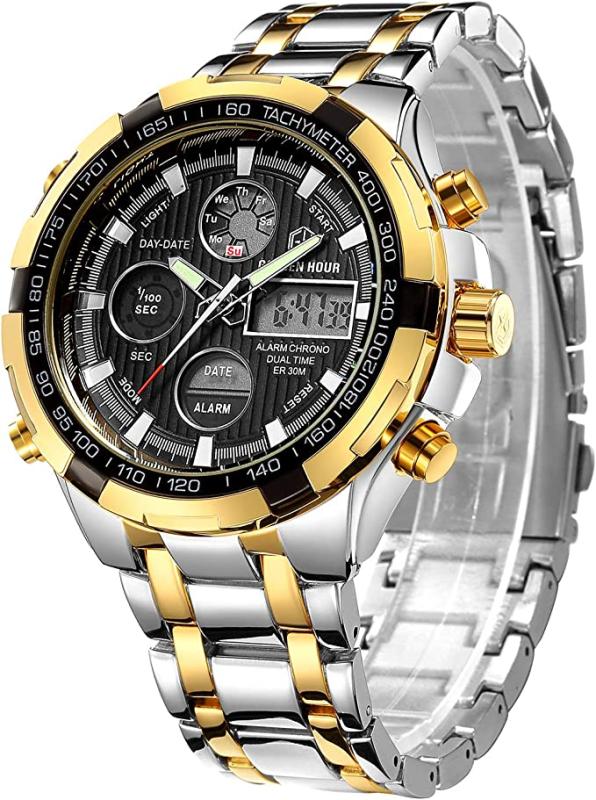 GOLDEN HOUR Luxury Stainless Steel Analog Digital Watches for Men Male Outdoor Sport Wristwatch