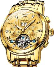 Olevs Automatic Watches for Men Gold Luxury Skeleton Mechanical Wristwatch Self Winding Diamond