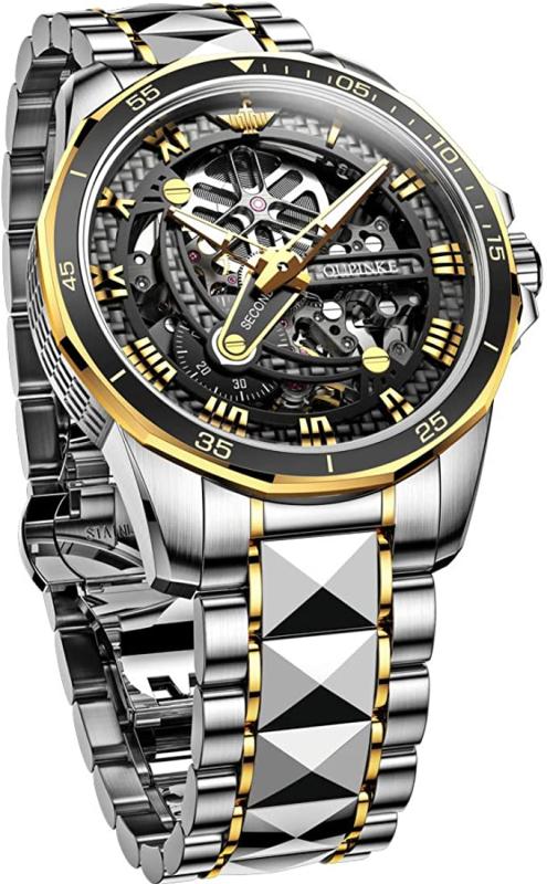Olevs Men's Skeleton Automatic Watch, Fashion Big Face Sapphire Crystal, Gold Silver Black Tungsten