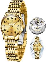 Olevs Ladies Automatic Watches, Gold Ladies Wrist Watch Two Tone Stainless Steel Small Mechanical