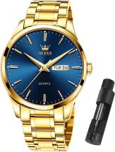 Olevs Mens Gold Watches Waterproof Stainless Steel Lightweight Watch with Date, Dress Watch