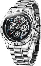 Olevs Big Watch for Men Waterproof Black Metal Multifunction Watch Chronograph Stainless Steel Watch