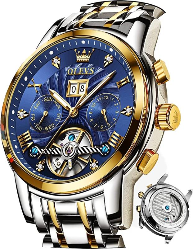 Olevs Automatic Watches for Men Tourbillon Self Winding Mechanical Stainless Steel Strap