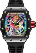 PINTIME Mens Luxury Tonneau Fashion Hallow Punk Hip-hop Sports Wrist Watch with Rubber Band