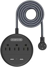 NTONPOWER Braided Power Strip Flat Plug, Charging Station with 3 Outlets 2 USB Ports, Black