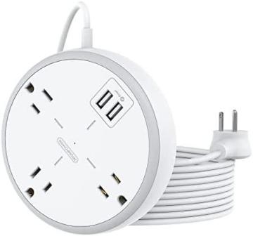NTONPOWER Flat Plug Power Strip with 3 Spaced Outlets 2 USB Ports, Desktop Charging Station, White