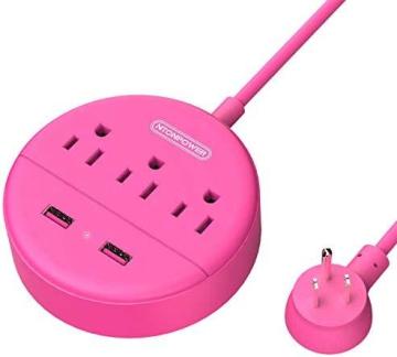 NTONPOWER Pink Power Strip with USB Ports, 3 Outlets 2 USB Desktop Charging Station