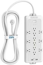 NTONPOWER 12 Outlets Power Strip Flat Plug with 2 USB, 6 Widely Outlets, 15A Circuit Breaker, White