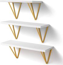 AMADA Floating Shelves, White Wall Shelf with Golden Brackets