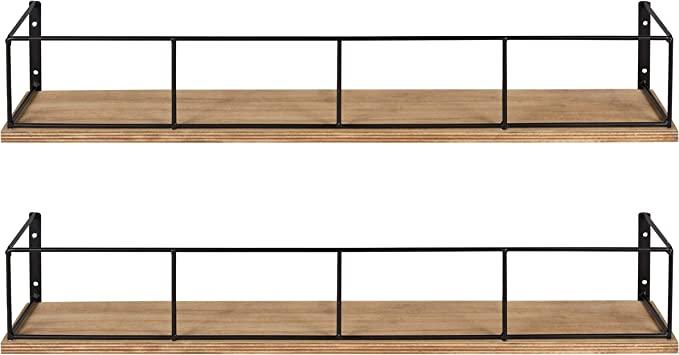 Kate and Laurel Benbrook 24 inch Wood and Metal Floating Wall Shelves, Rustic Brown and Black