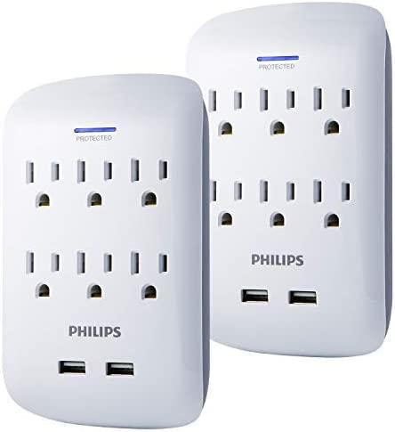 Philips 6-Outlet Extender with 2-USB Port Surge Protector, 2 Pack, Charging Station, White,