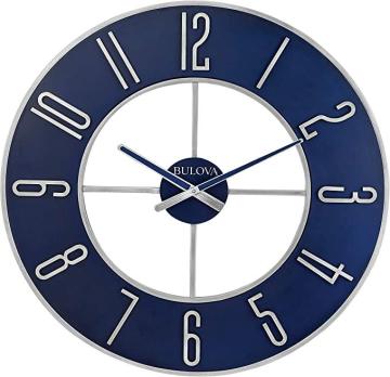 Bulova Steel Oversize Wall Clock, 27", Silver and Blue