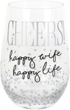 Enesco Our Name is Mud Cheers Wife Happy Life Glittered Stemless Wine Glass, 15 Ounce, Clear