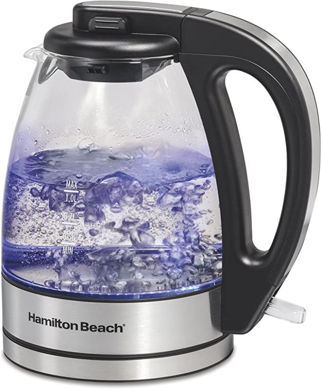Hamilton Beach Glass Electric Tea Kettle, 1 L, Cordless, LED Indicator, Clear