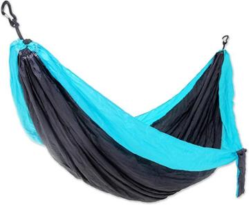NOVICA Black with Turquoise Blue Trim Parachute Portable 2 Person XL Camping Hammock