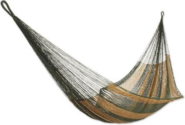 NOVICA Earthtone Olive Green Brown Striped Hand Woven Mayan 1 Person Rope Hammock, Mossy Mountain