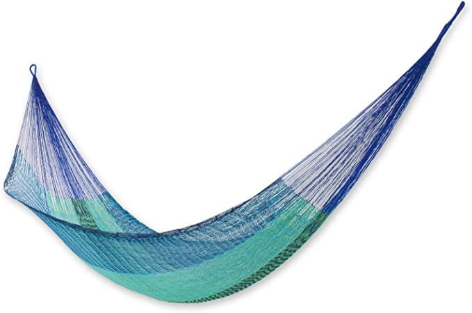 NOVICA Green and Blue Striped Cotton Hand Woven Mayan Rope 2 Person XL Hammock, Cool Maya (Double)