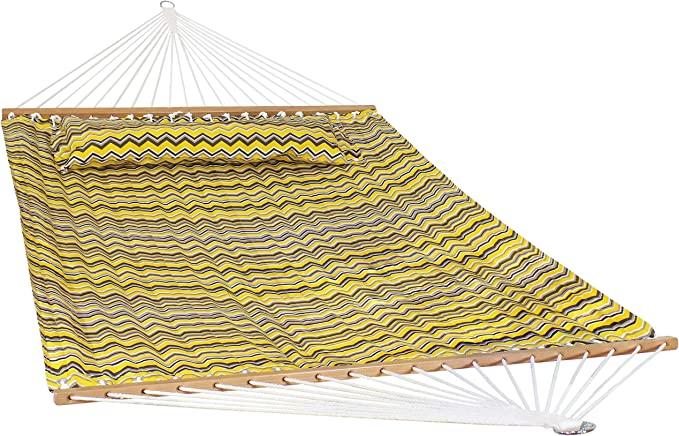 Sunnydaze 2-Person Quilted Printed Fabric Spreader Bar Hammock and Pillow
