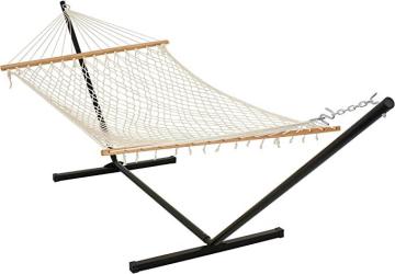 Sunnydaze Cotton Rope Hammock with Unfinished Wood Spreader Bars, 12-Foot Stand