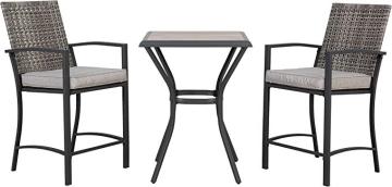 Amazon Basics 3-Piece Bar Height Patio Bistro Dining Set with Cushions, Steel and Grey