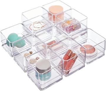 STORi 12 Piece Stackable Clear Drawer Organizer Set, 3" x 3" x 2" Square Trays