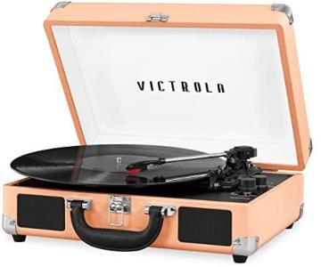 Victrola Vintage Bluetooth Portable Suitcase Record Player with Built-in Speakers, Peach Rose Gold