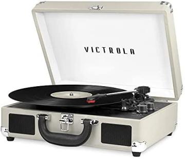 Victrola Vintage Bluetooth Portable Suitcase Record Player with Built-in Speakers, Light Grey