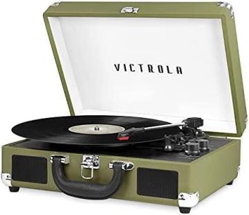 Victrola Vintage Bluetooth Portable Suitcase Record Player with Built-in Speakers, Green Olive