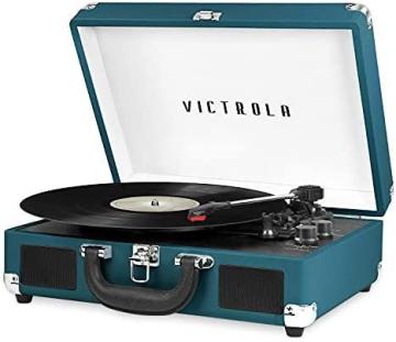 Victrola Vintage Bluetooth Portable Suitcase Record Player with Built-in Speakers, Blue Coral