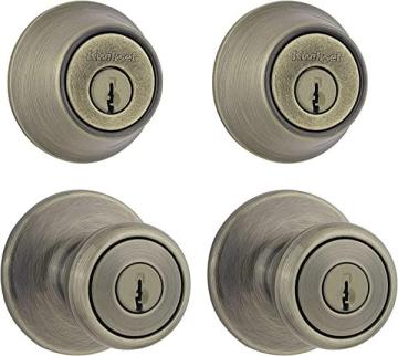 Kwikset 242 Tylo Entry Knob and Single Cylinder Deadbolt Project Pack in Antique Brass