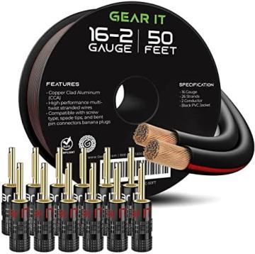 GearIT 16 Gauge Speaker Wire (50 Feet 15.24 Meters) with Banana Plugs (6 Pairs, 12 Pieces)