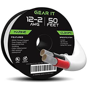 GearIT 12/2 Marine Wire (50 Feet) 12AWG Gauge - Tinned OFC Copper/Marine Grade Speaker Cable
