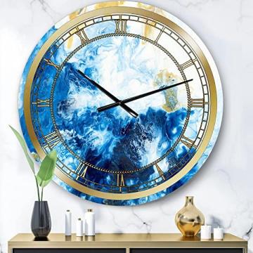 DesignQ Glam Wall Clock 'Blue and Gold Ocean Abstract Marble' Abstract Large Wall Clock