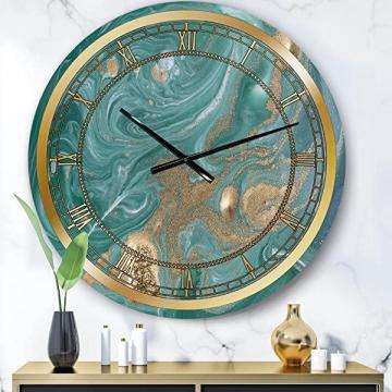 DesignQ Glam Wall Clock 'Nature Green and Gold Marble' Abstract Large Wall Clock