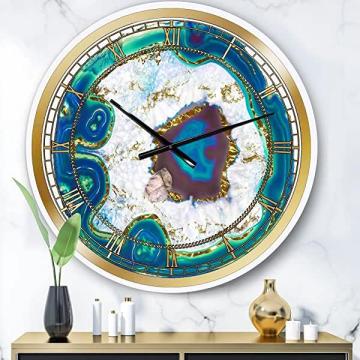 DesignQ Modern Wall Clock 'Crystal Blue Golden Agate' Blue Round Wall Clock for Kitchen