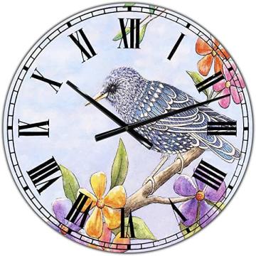 DesignQ Cottage Wall Clock 'Starling Bird with Flowers' Purple Round Wall Clock