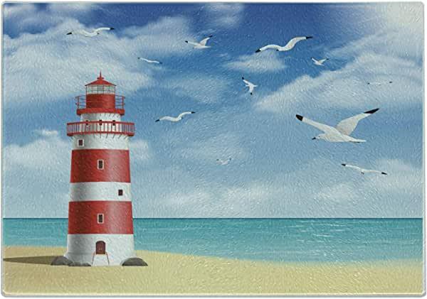 Ambesonne Beach Cutting Board, Realistic Illustration Lighthouse, Large Size, Vermilion Blue