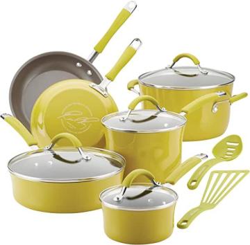 Rachael Ray Cucina Nonstick Cookware Pots and Pans Set, 12 Piece, Lemongrass Green