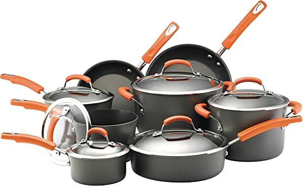 Rachael Ray Brights Hard-Anodized Nonstick Cookware Set with Glass Lids, 14-Piece Pot and Pan Set